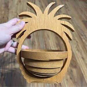 Collapsible Wooden Pineapple Spiral Cut Basket Footed Fruit Bowl‎ Trivet 7"x10"